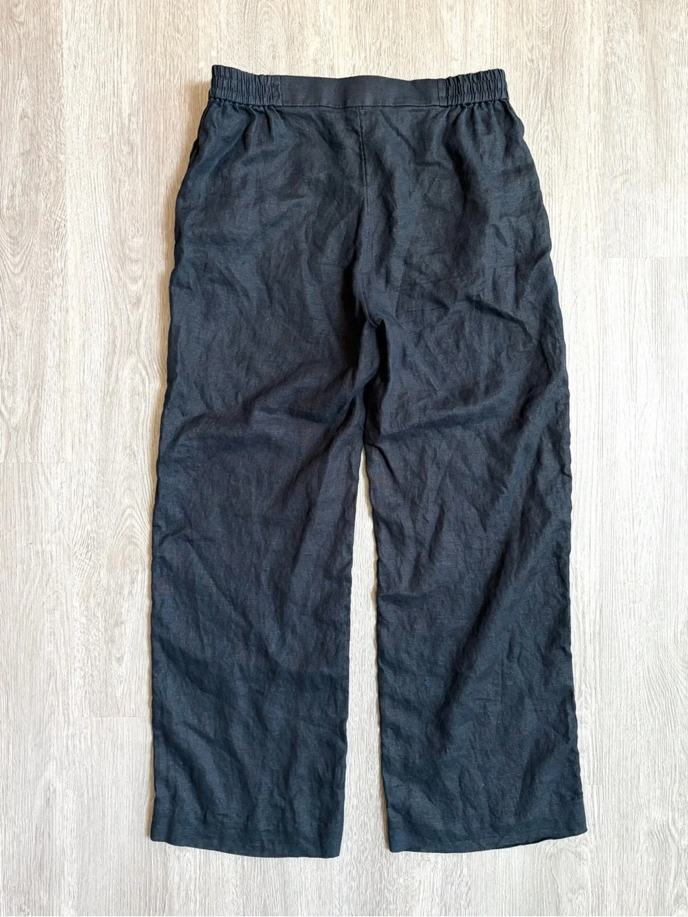 COS 100% Linen Wide Leg Pants Navy High Rise Straight Elastic Waist Women's 10